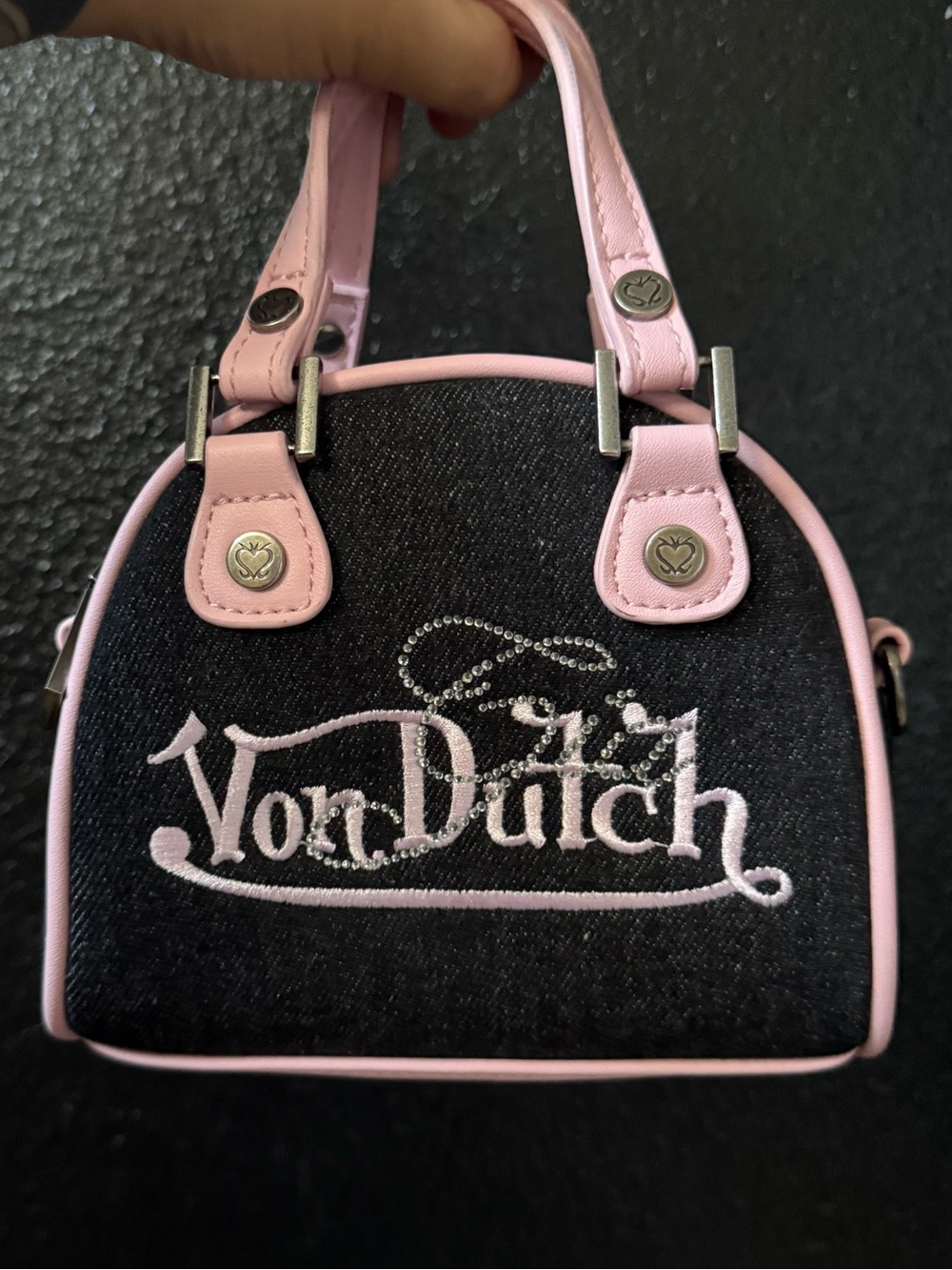 Von Dutch Black Denim Mini Dome Satchel with Pink Trim